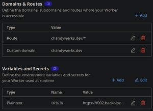 Cloudflare worker settings for Domains & Routes and Variables and Secrets